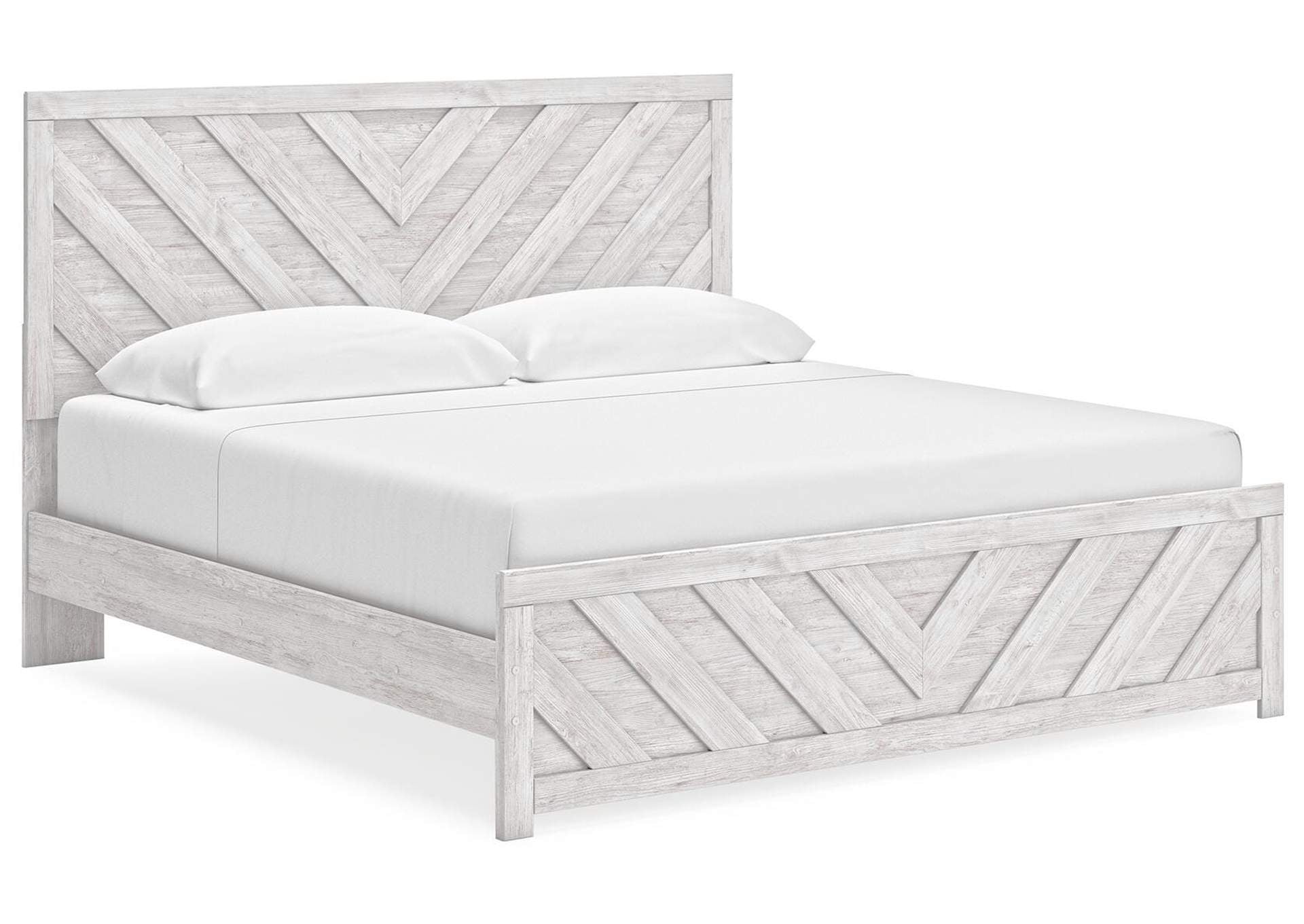 Cayboni King Panel Bed with Mirrored Dresser, Chest and Nightstand angled view