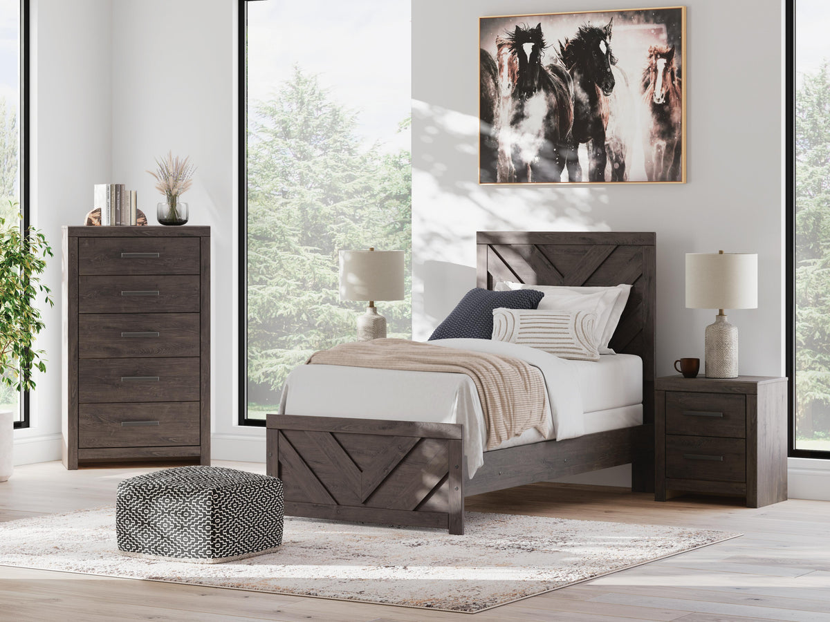 Prendonea Twin Panel Bed in Charcoal, lifestyle view