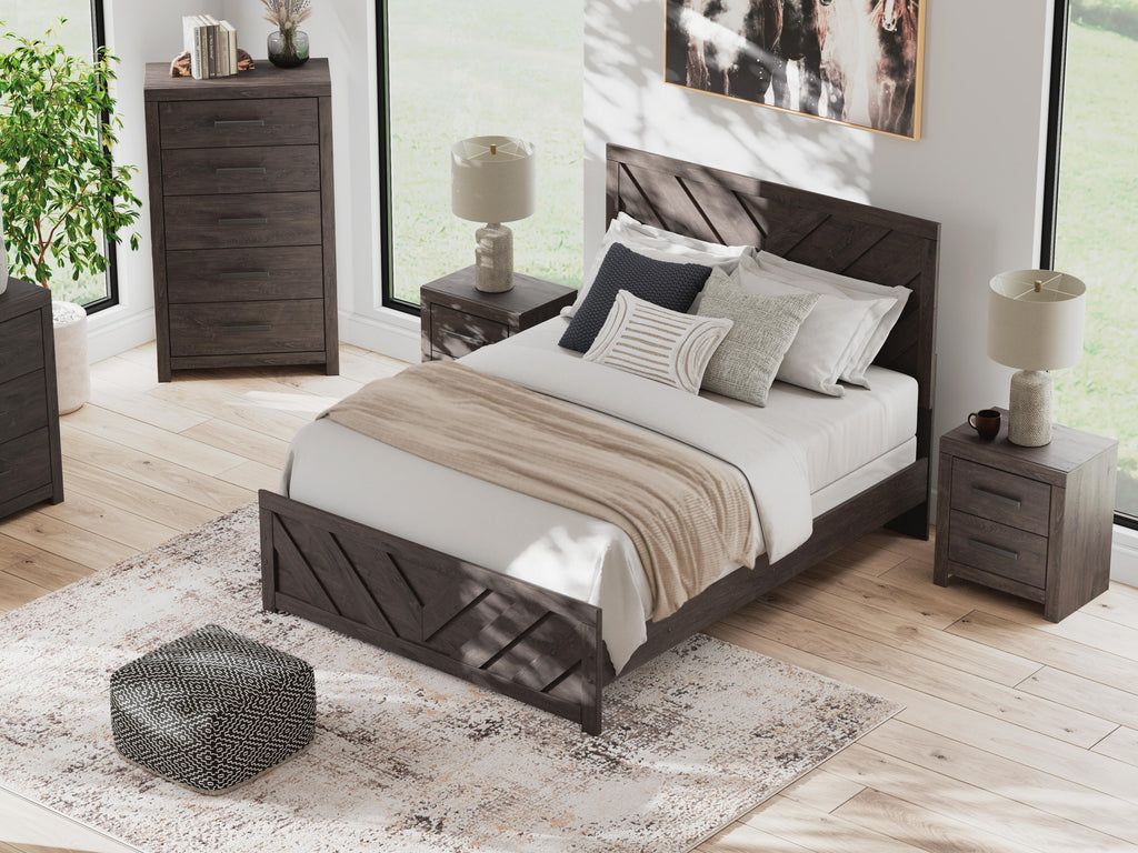 Prendonea Queen Panel Bed in Charcoal, lifestyle view