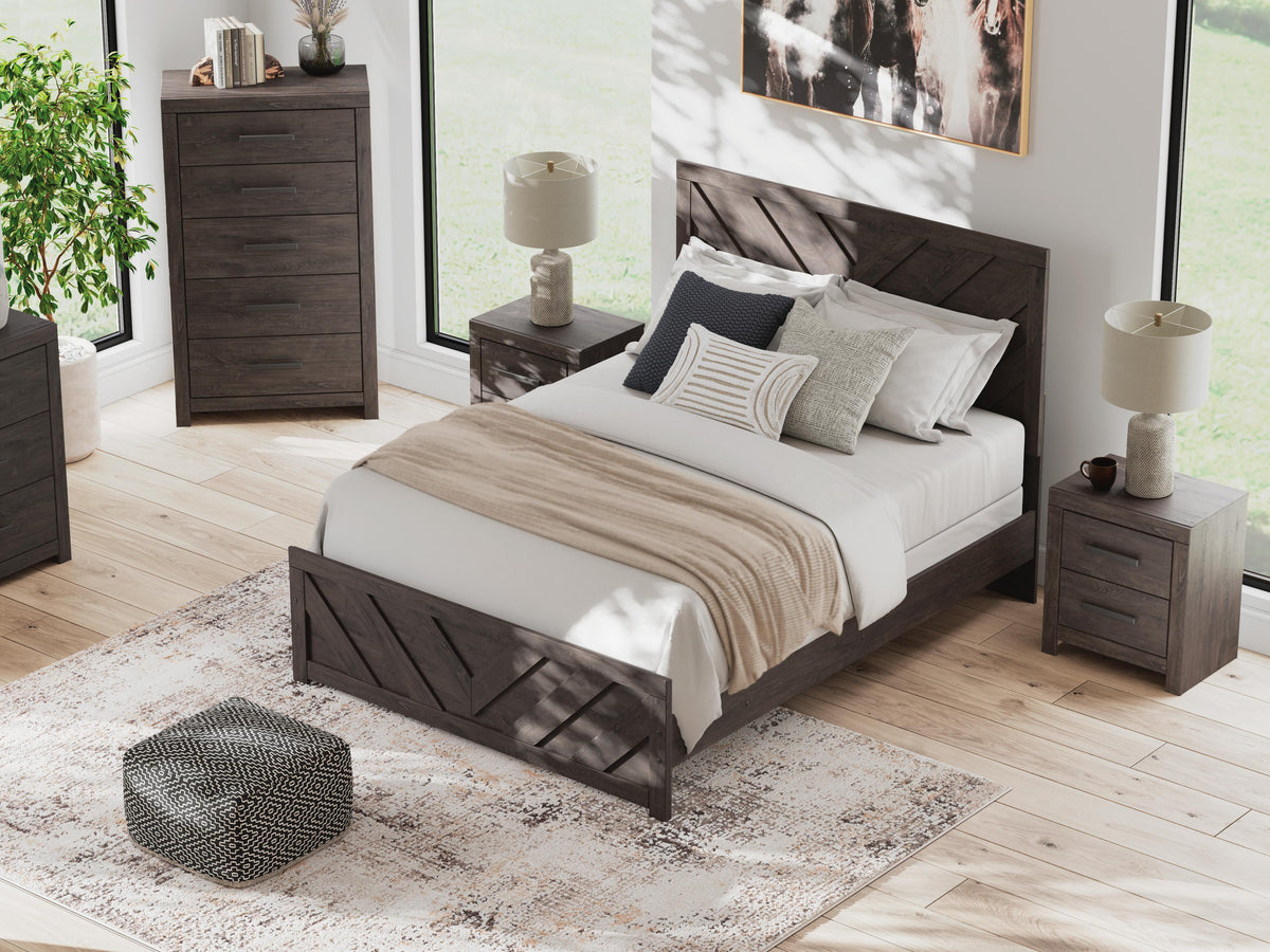 Prendonea Queen Panel Bed in Charcoal, lifestyle view