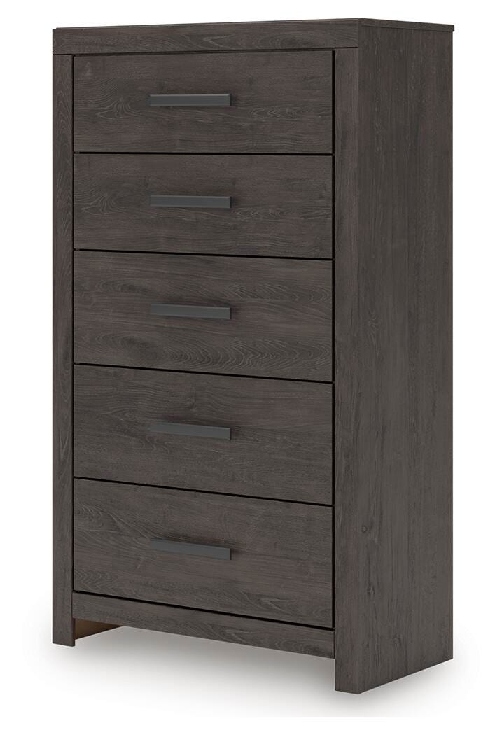 Prendonea Chest of Drawers in Charcoal, angle view