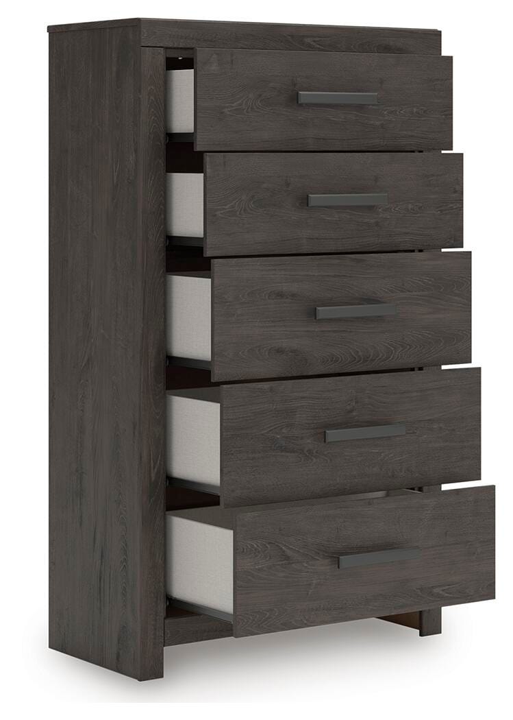 Prendonea Chest of Drawers in Charcoal, open view