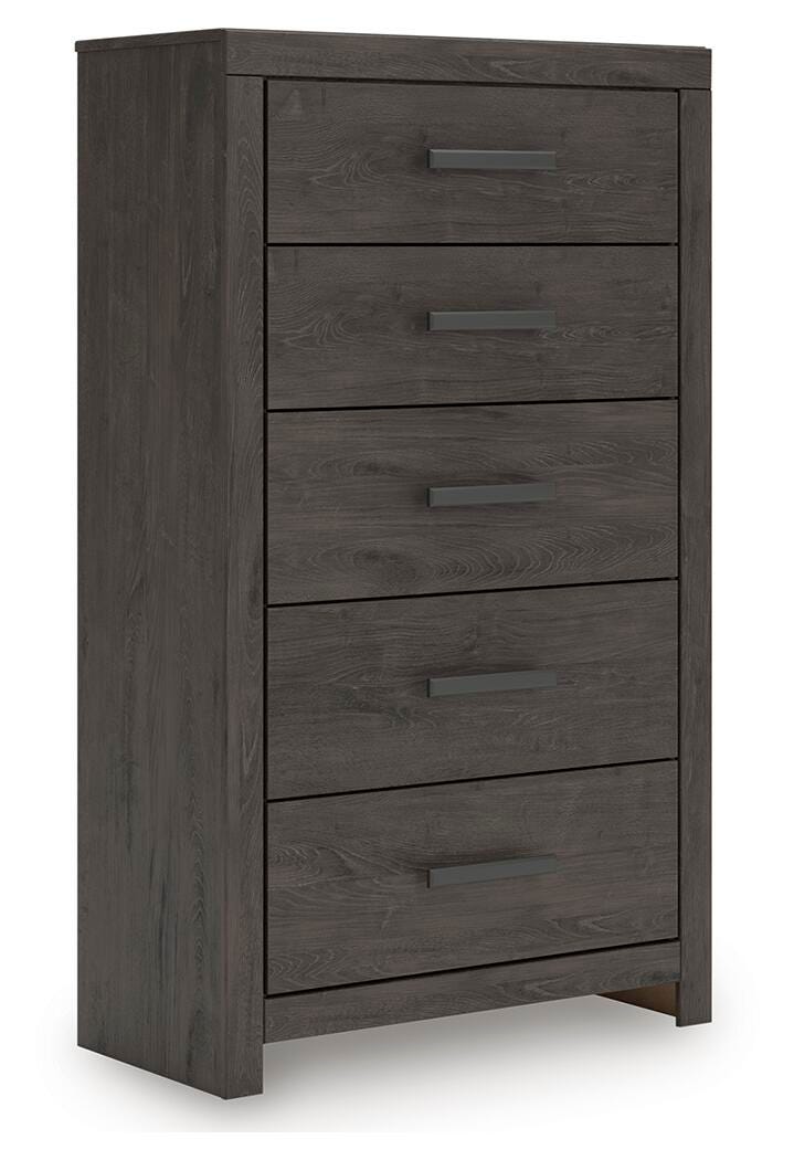 Prendonea Chest of Drawers in Charcoal, angle view