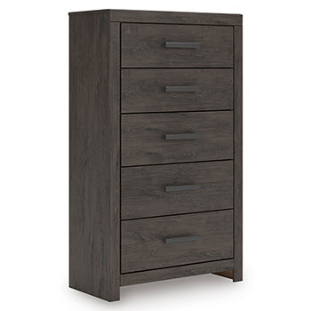 Prendonea Chest of Drawers in Charcoal, angle view