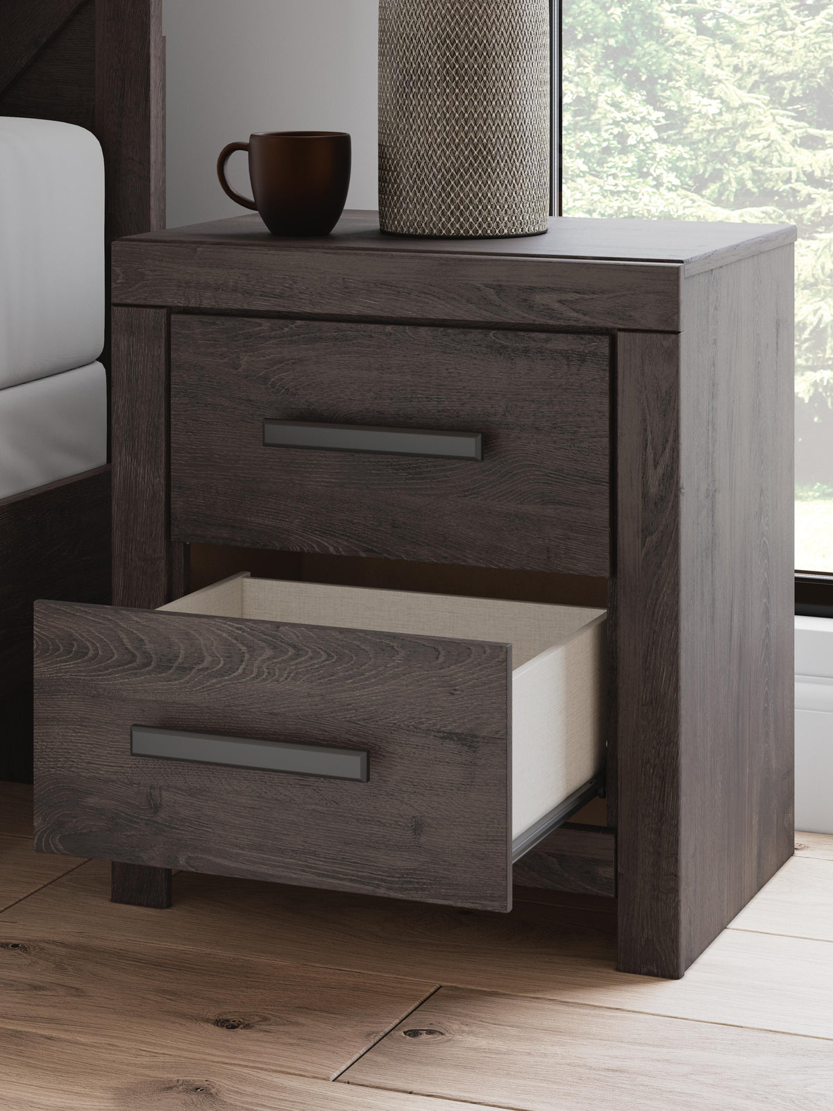 Prendonea Nightstand in Charcoal, detail view