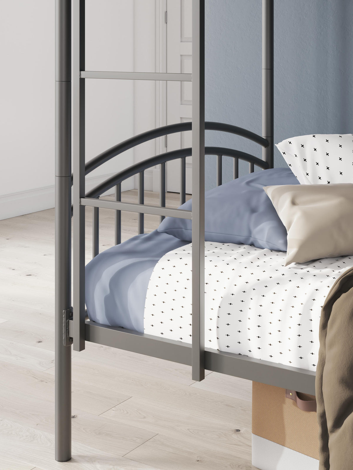 Lanceburg Twin over Twin Bunk Bed with Ladder in Gray, detail view