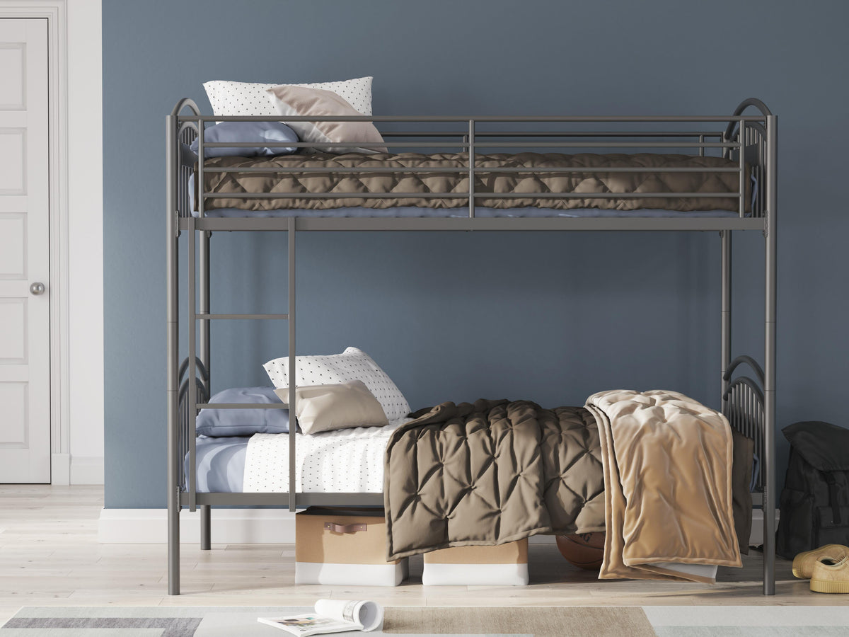 Lanceburg Twin over Twin Bunk Bed with Ladder in Gray, lifestyle view