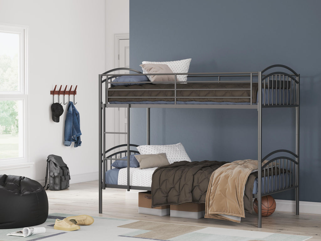 Lanceburg Twin over Twin Bunk Bed with Ladder in Gray, alternate view 2