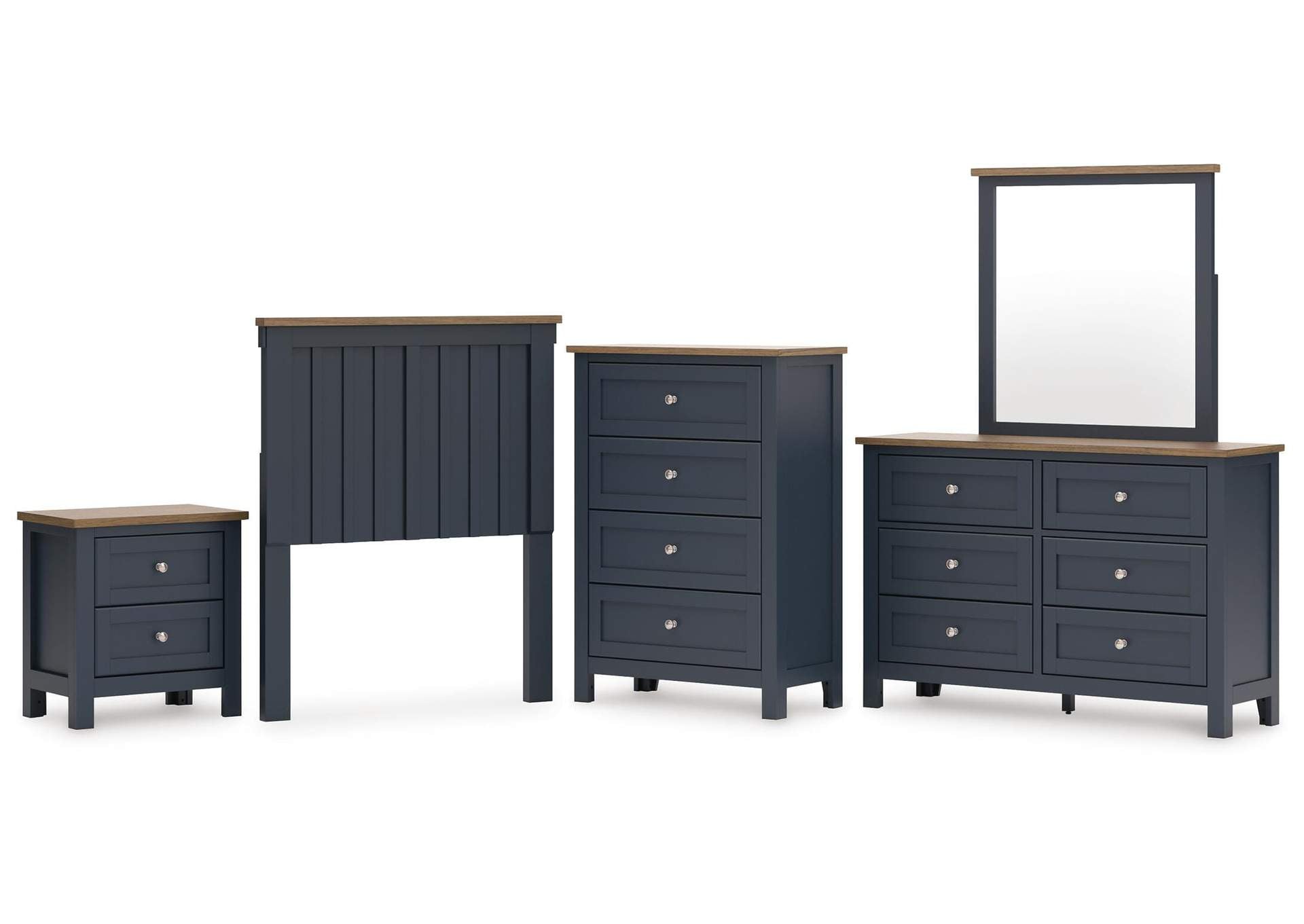 Landocken Twin Panel Headboard with Mirrored Dresser, Chest and Nightstand