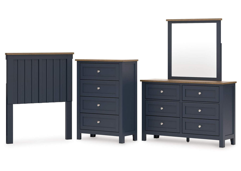 Landocken Twin Panel Headboard with Mirrored Dresser and Chest