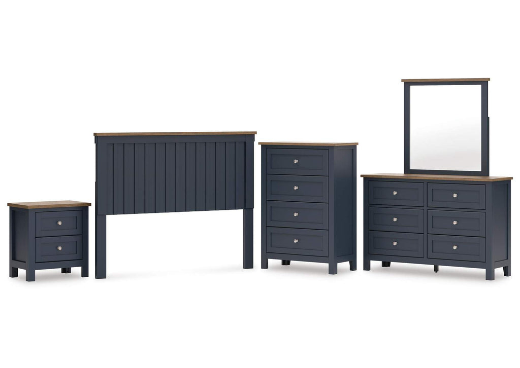 Landocken Queen Panel Headboard with Mirrored Dresser, Chest and Nightstand