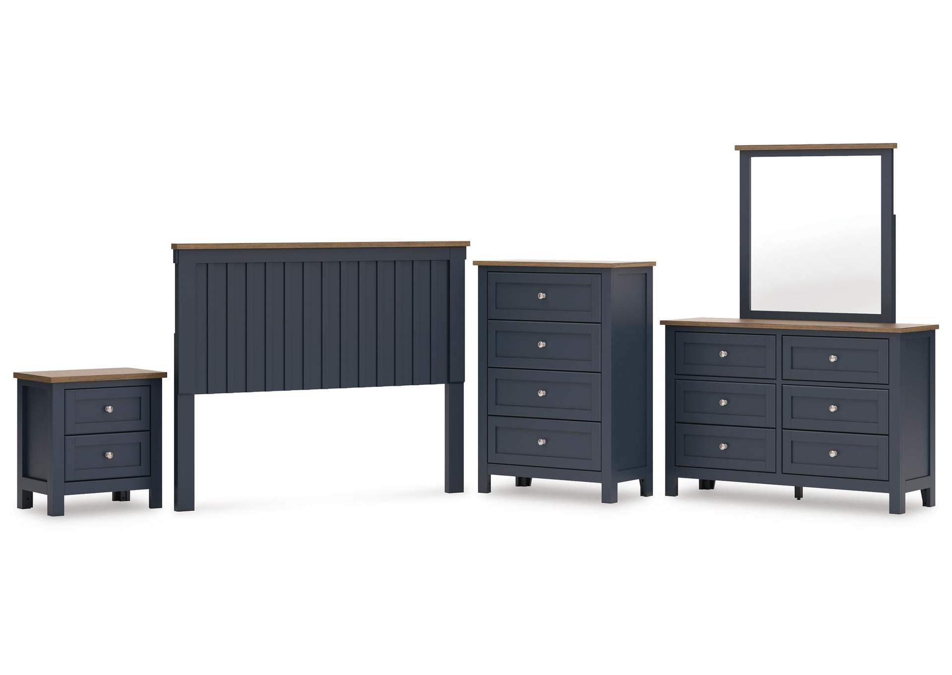 Landocken Queen Panel Headboard with Mirrored Dresser, Chest and Nightstand