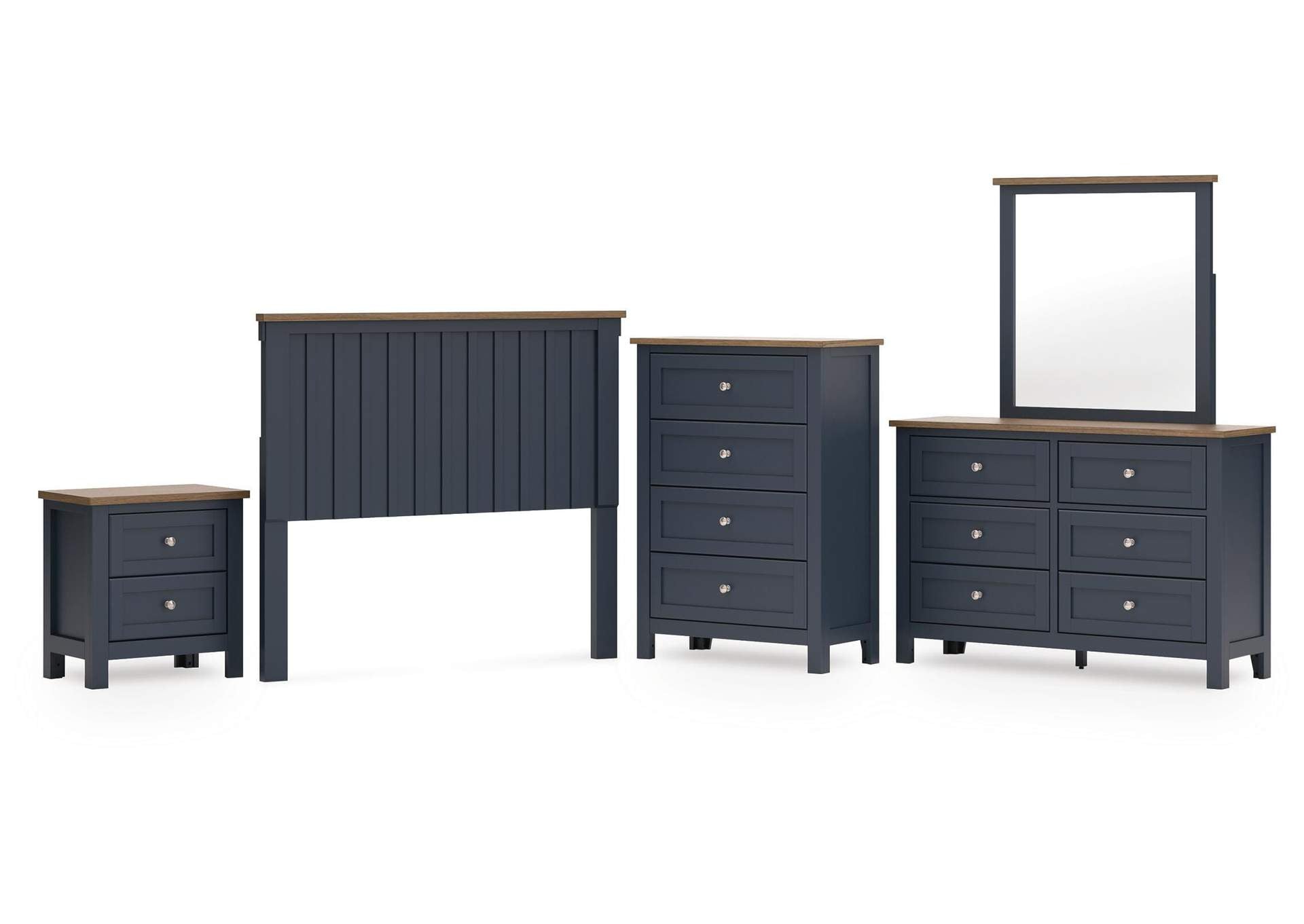 Landocken Full Panel Headboard with Mirrored Dresser, Chest and Nightstand