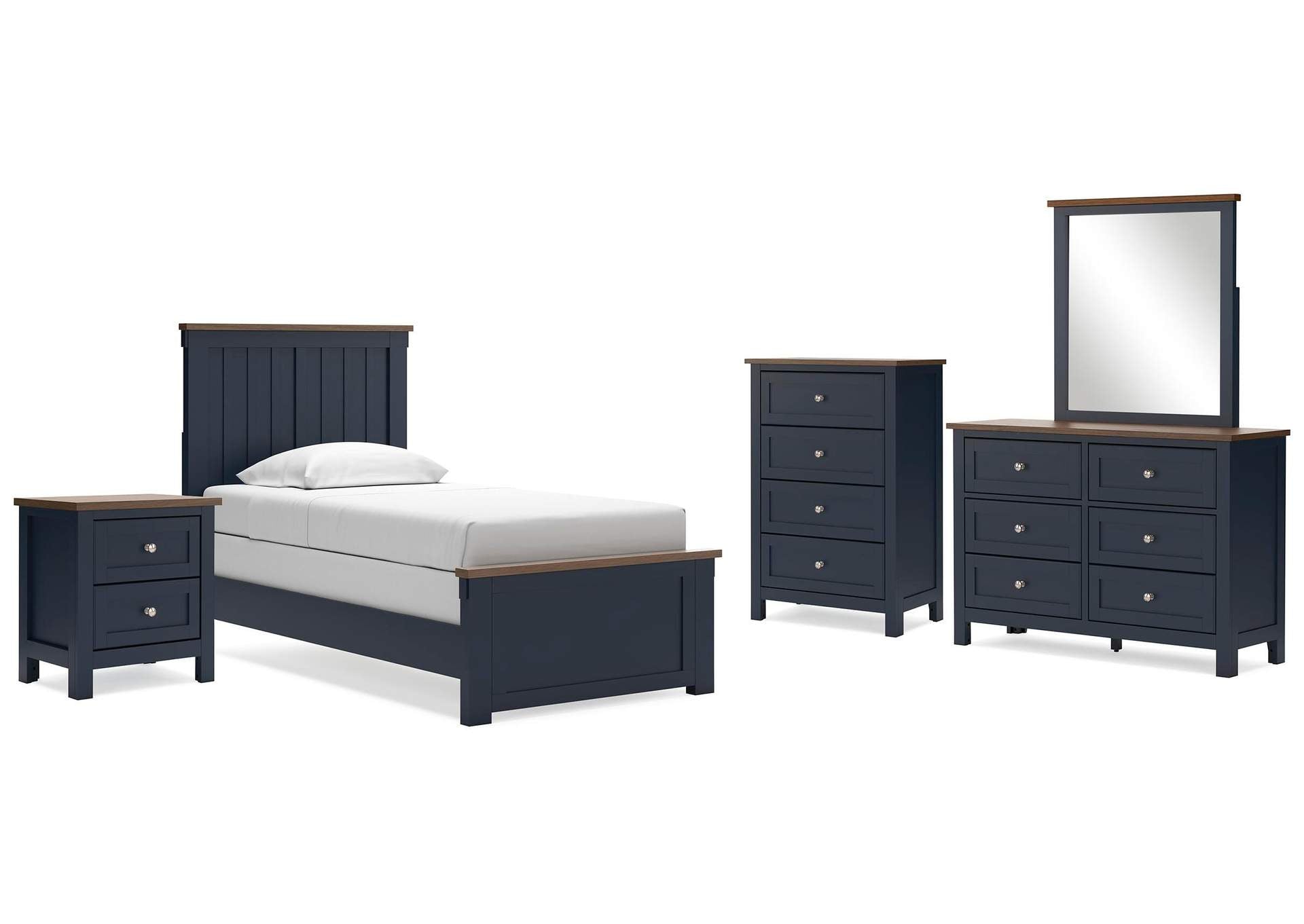 Landocken Twin Panel Bed with Mirrored Dresser, Chest and Nightstand
