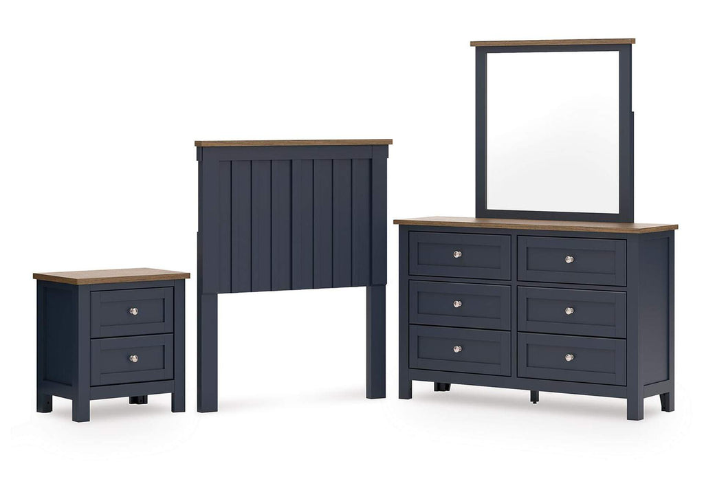 Landocken Twin Panel Headboard with Mirrored Dresser and Nightstand