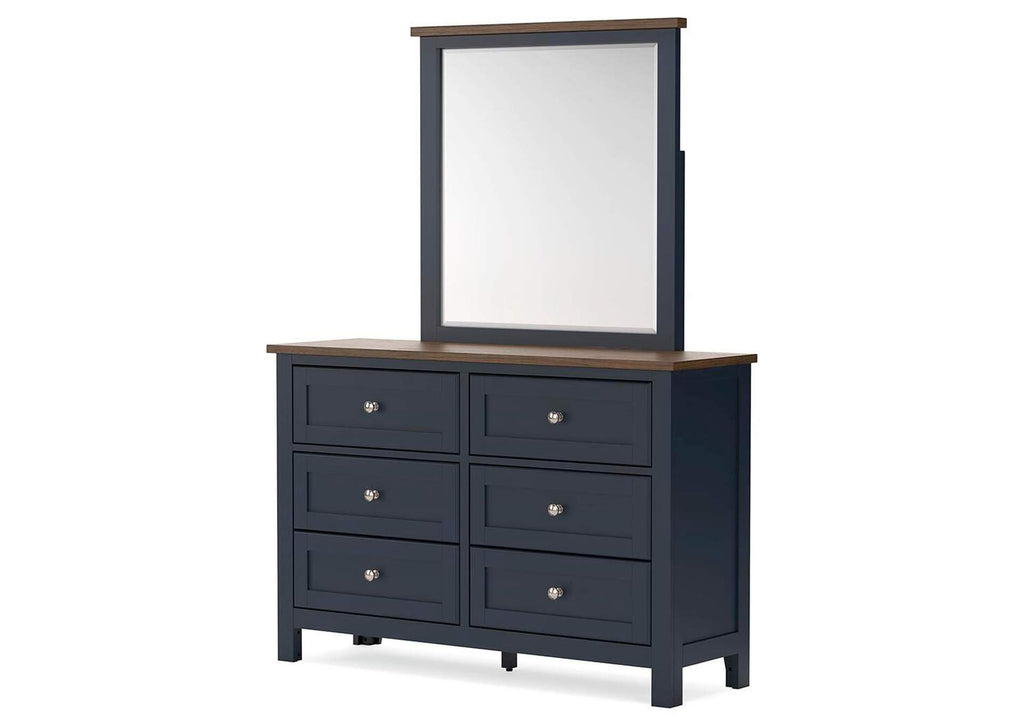 Landocken Twin Panel Headboard with Mirrored Dresser angled view