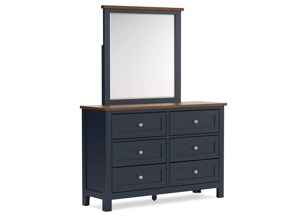 Landocken Queen Panel Headboard with Mirrored Dresser and Nightstand angled view