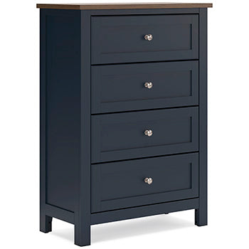 Landocken Chest of Drawers in Brown/Blue, angle view
