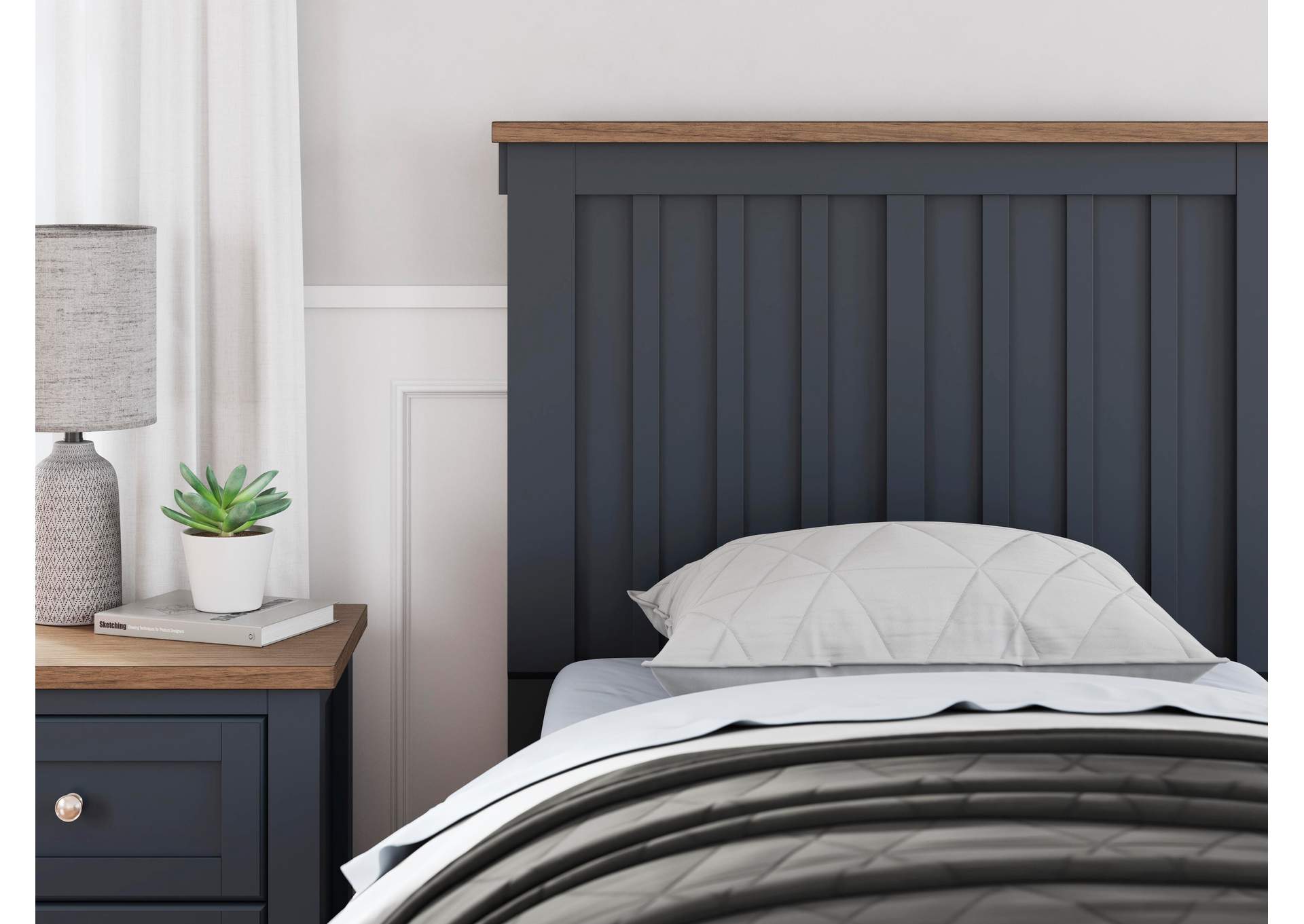 Landocken Twin Panel Headboard with Mirrored Dresser, Chest and Nightstand detail