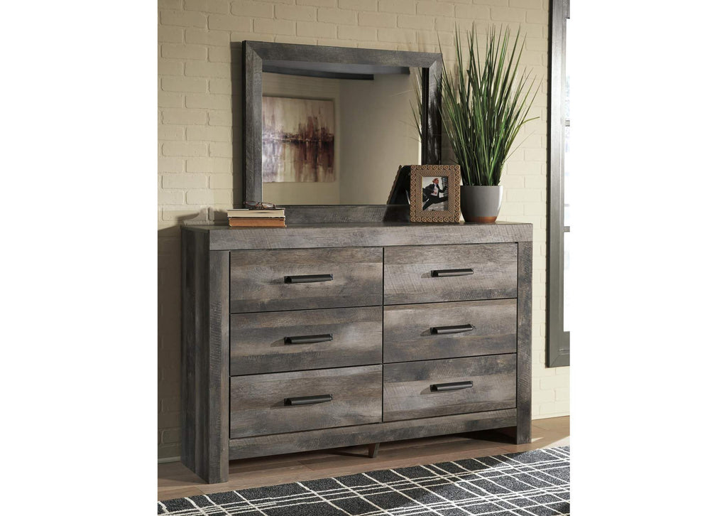 Wynnlow King Crossbuck Panel Bed with Mirrored Dresser, Chest and 2 Nightstands room view