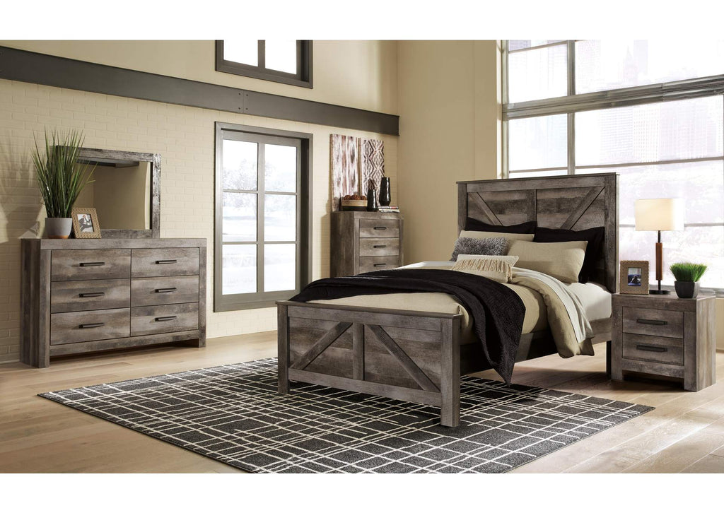 Wynnlow Queen Crossbuck Panel Bed with Mirrored Dresser, Chest and 2 Nightstands