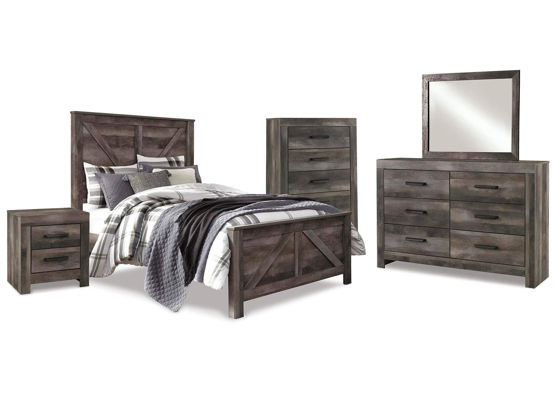 Wynnlow Queen Crossbuck Panel Bed with Mirrored Dresser, Chest and Nightstand
