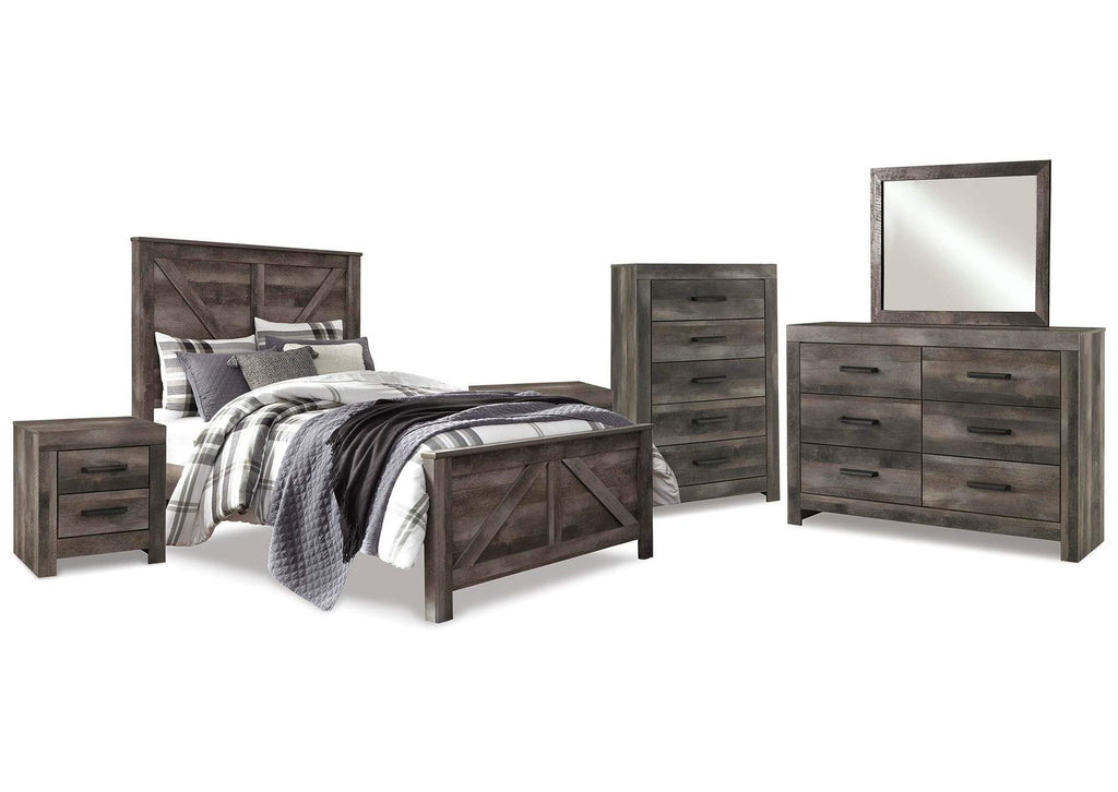 Wynnlow Queen Crossbuck Panel Bed with Mirrored Dresser, Chest and 2 Nightstands