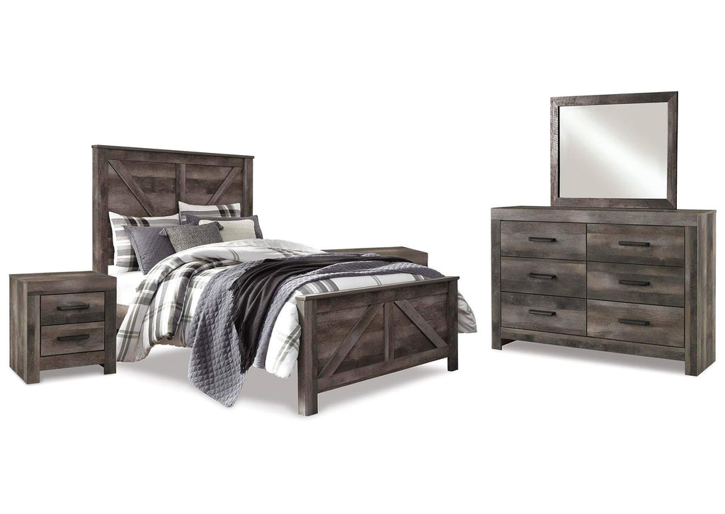 Wynnlow Queen Crossbuck Panel Bed with Mirrored Dresser and 2 Nightstands