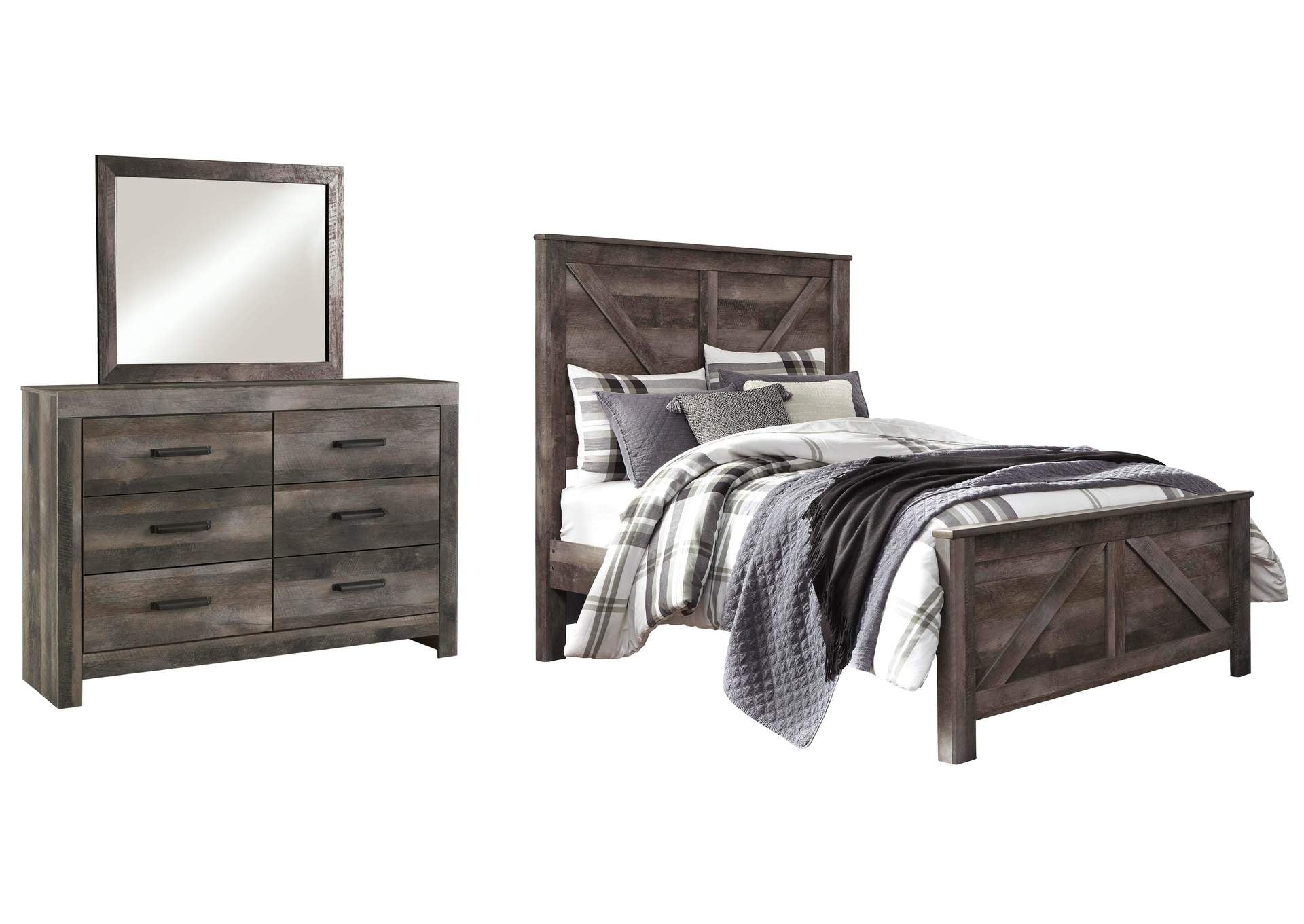 Wynnlow Queen Crossbuck Panel Bed with Mirrored Dresser