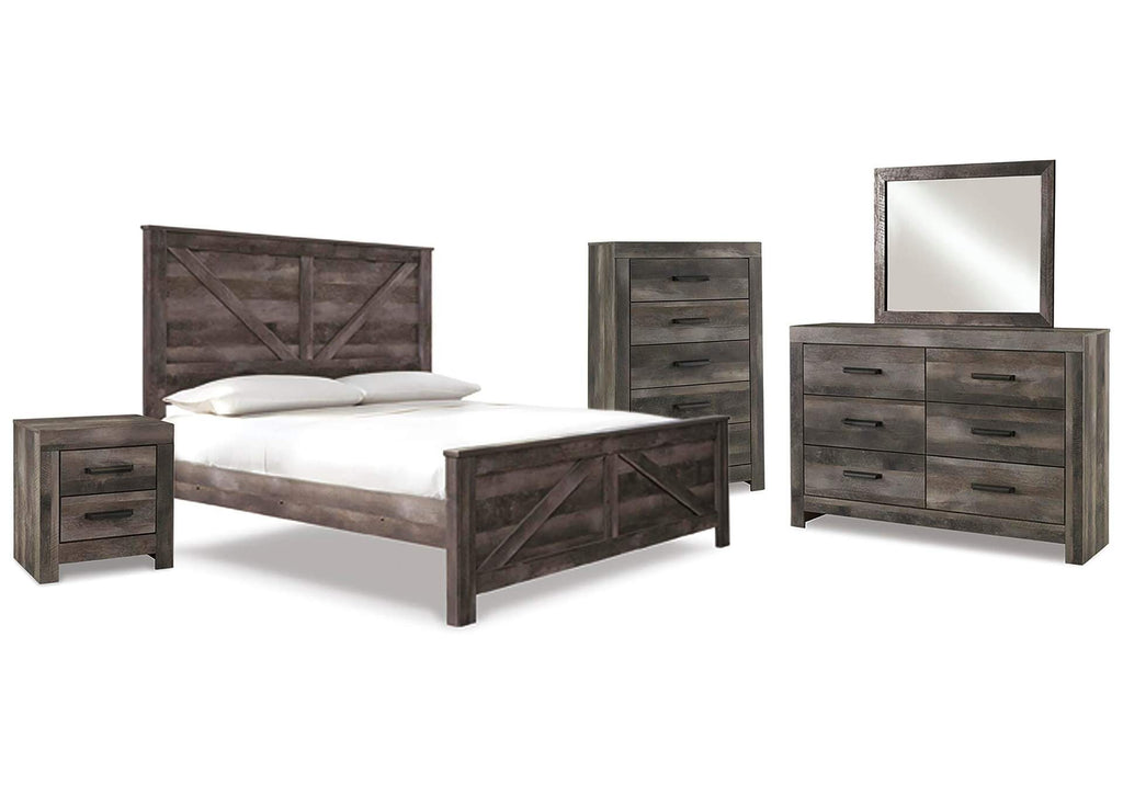 Wynnlow King Crossbuck Panel Bed with Mirrored Dresser, Chest and Nightstand