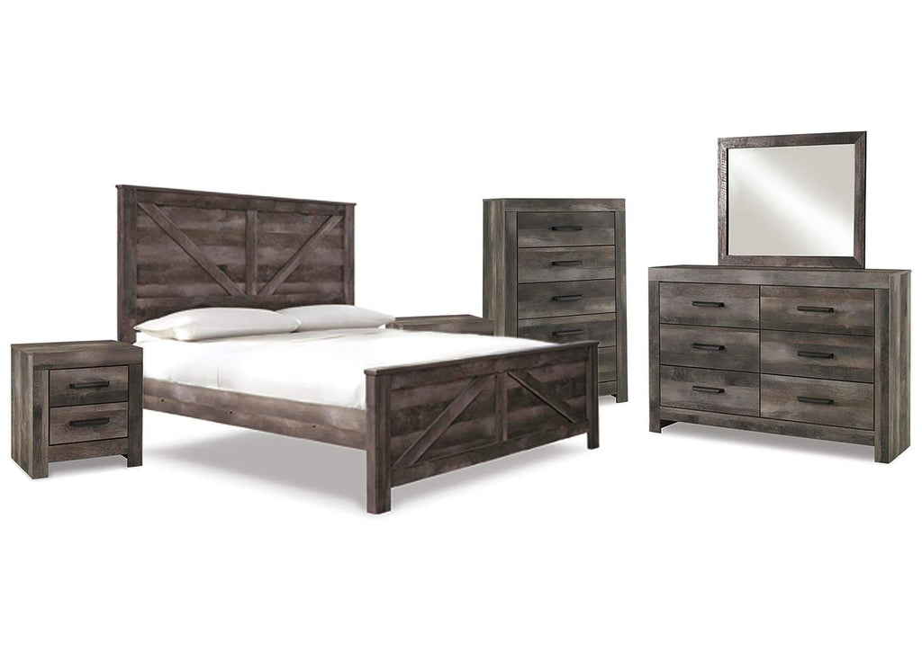 Wynnlow King Crossbuck Panel Bed with Mirrored Dresser, Chest and 2 Nightstands