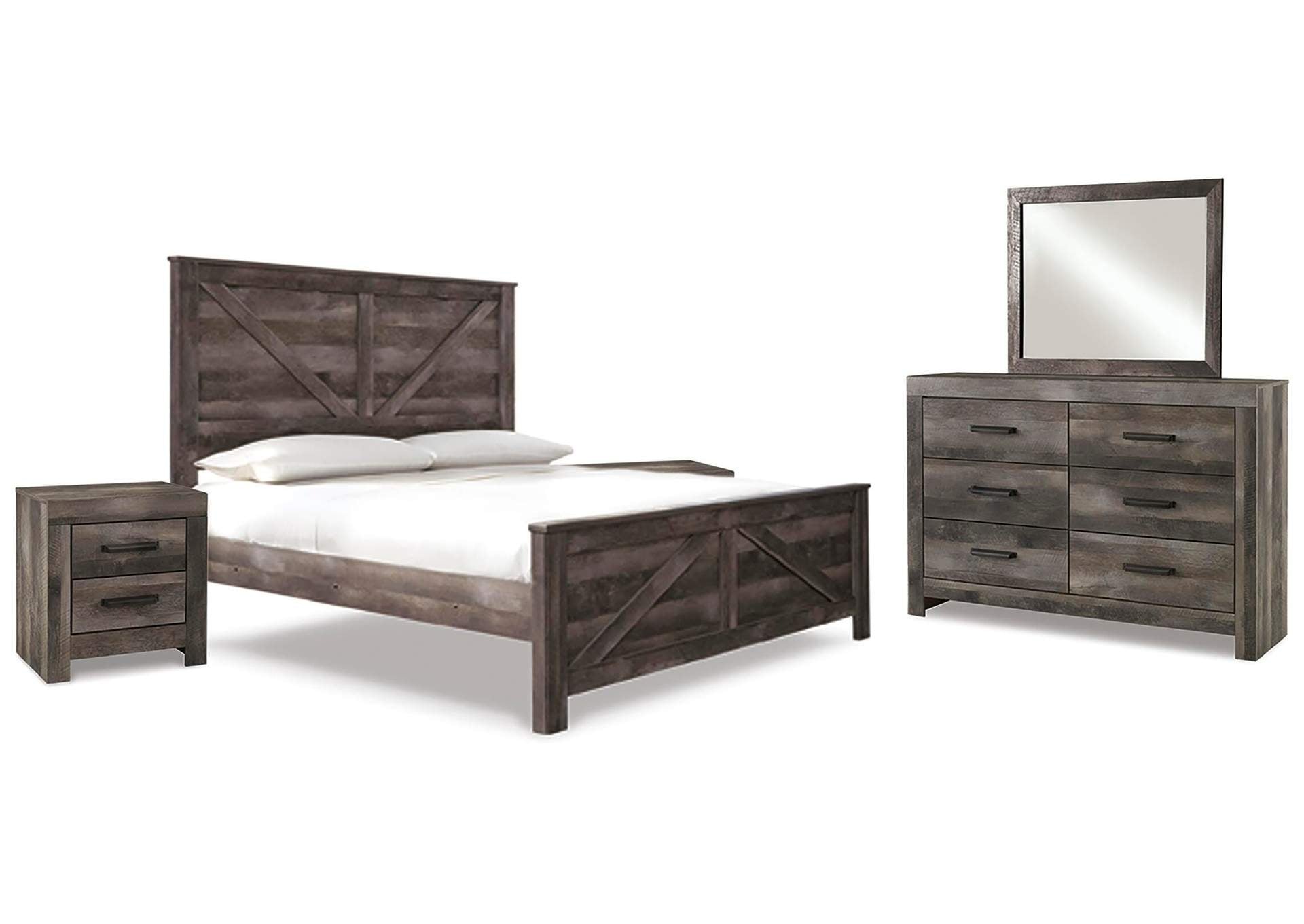 Wynnlow King Crossbuck Panel Bed with Mirrored Dresser and 2 Nightstands