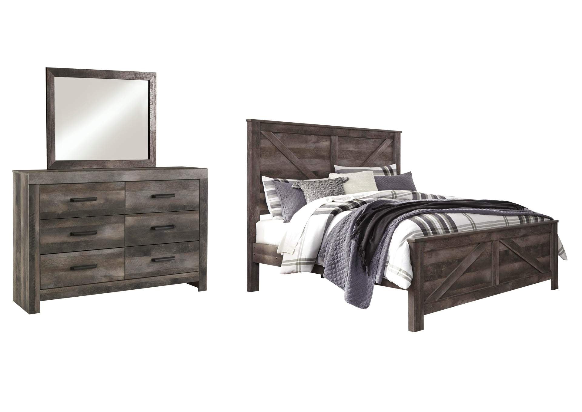 Wynnlow King Crossbuck Panel Bed with Mirrored Dresser