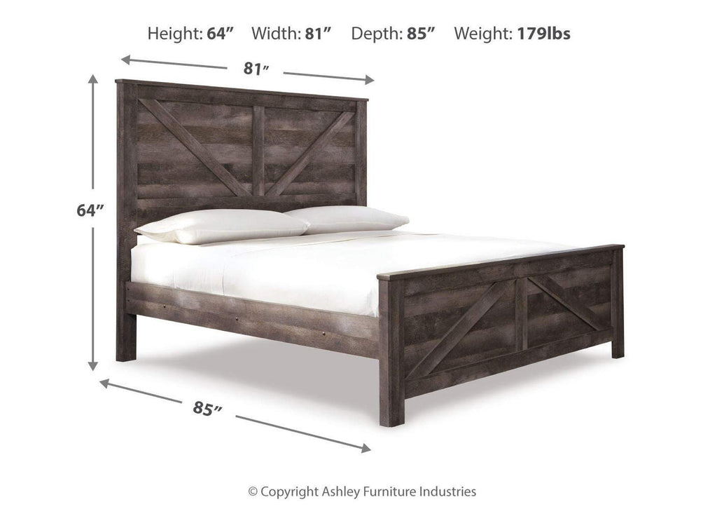 Wynnlow King Crossbuck Panel Bed with Mirrored Dresser, Chest and 2 Nightstands dimensions