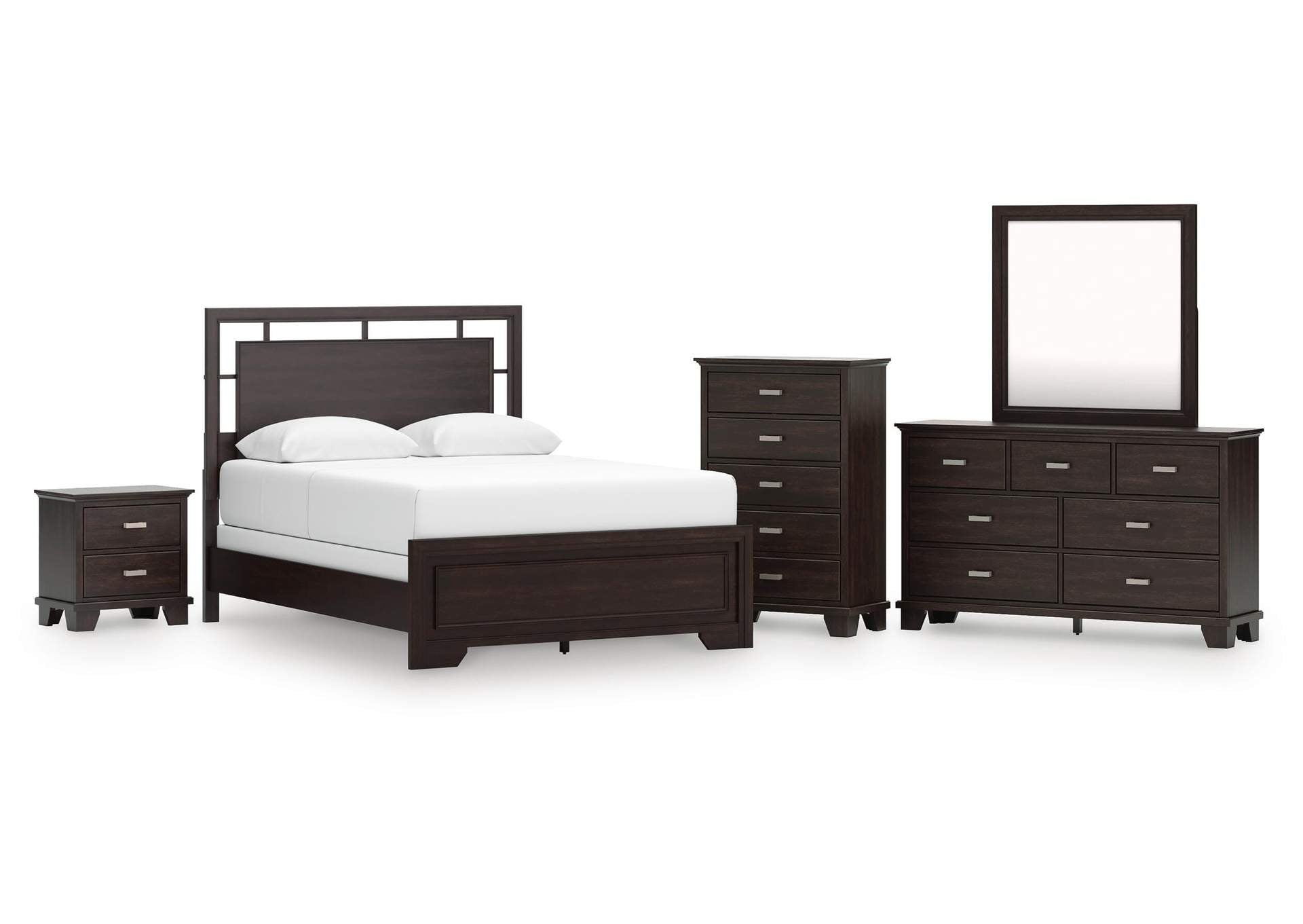 Covetown Queen Panel Bed with Mirrored Dresser, Chest and Nightstand