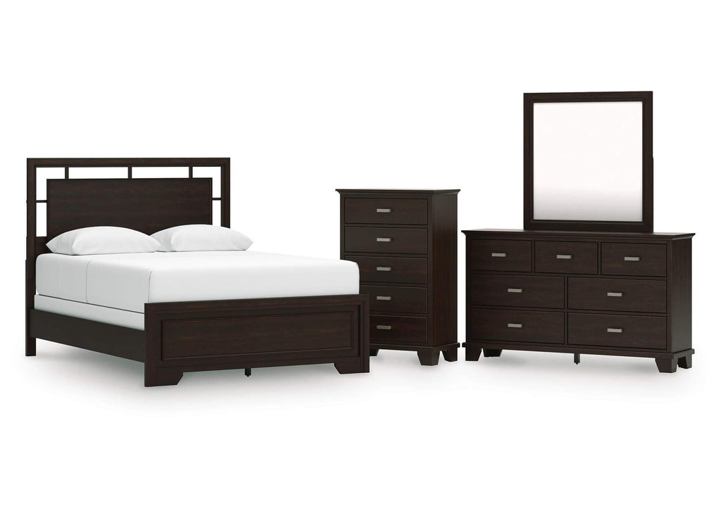 Covetown Queen Panel Bed with Mirrored Dresser and Chest