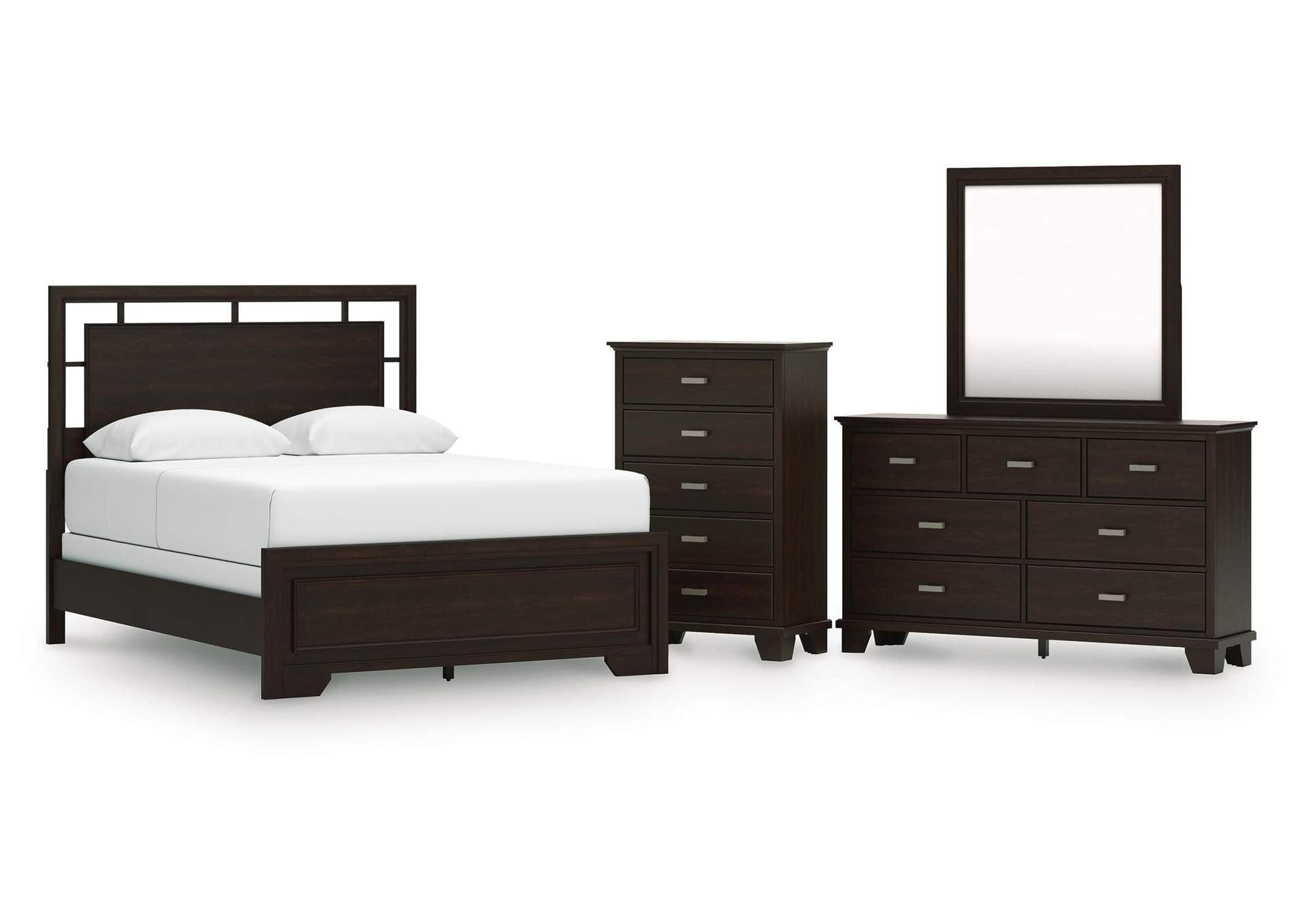 Covetown Queen Panel Bed with Mirrored Dresser and Chest
