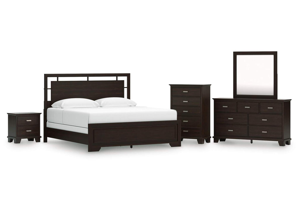 Covetown California King Panel Bed with Mirrored Dresser, Chest and Nightstand