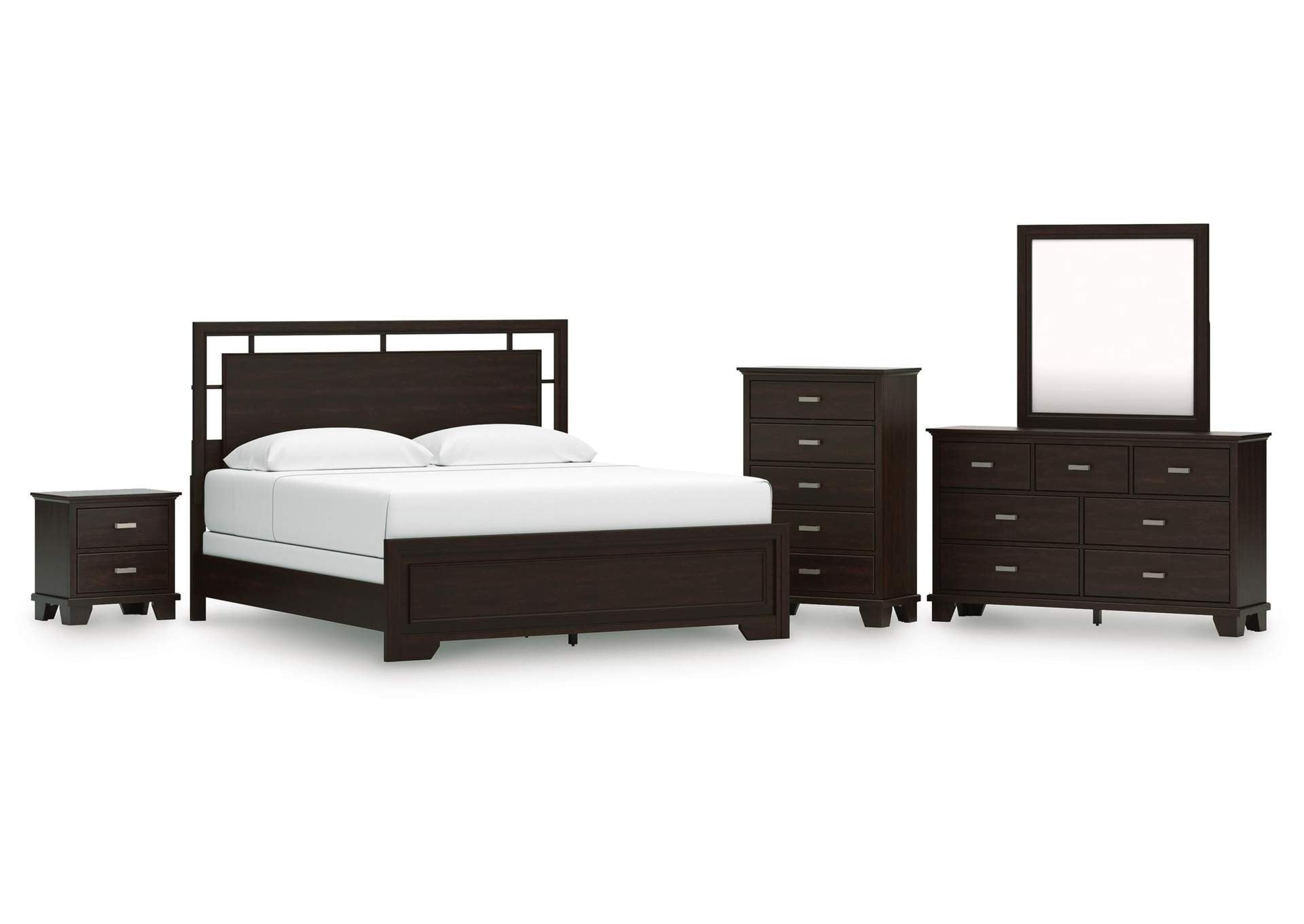 Covetown California King Panel Bed with Mirrored Dresser, Chest and Nightstand