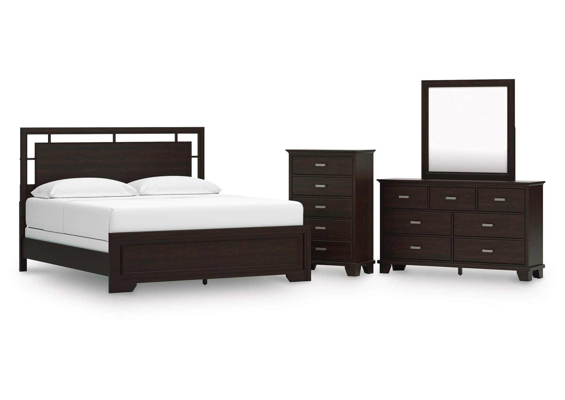 Covetown California King Panel Bed with Mirrored Dresser and Chest