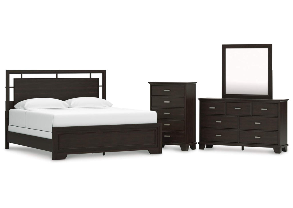 Covetown King Panel Bed with Mirrored Dresser and Chest