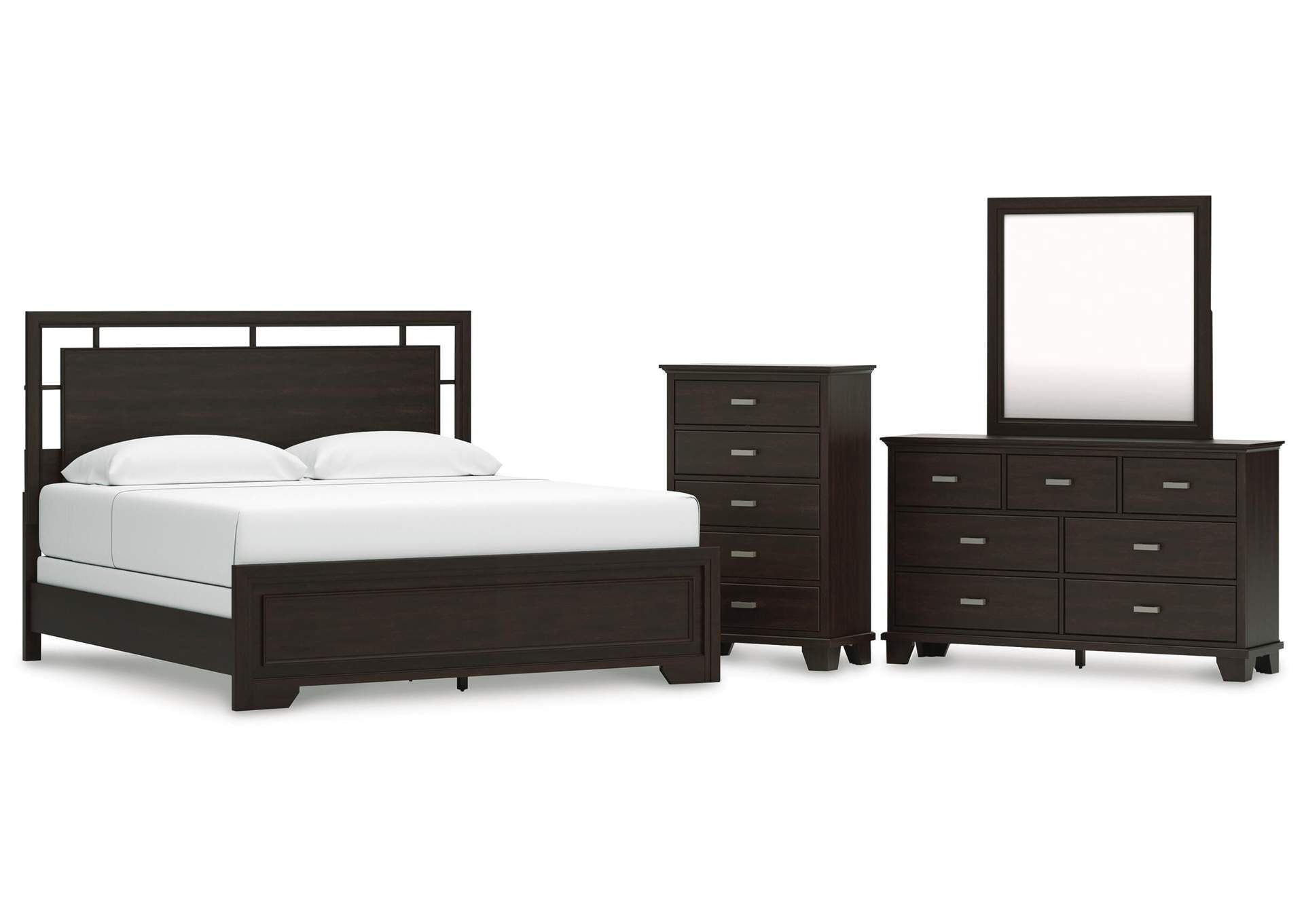 Covetown King Panel Bed with Mirrored Dresser and Chest