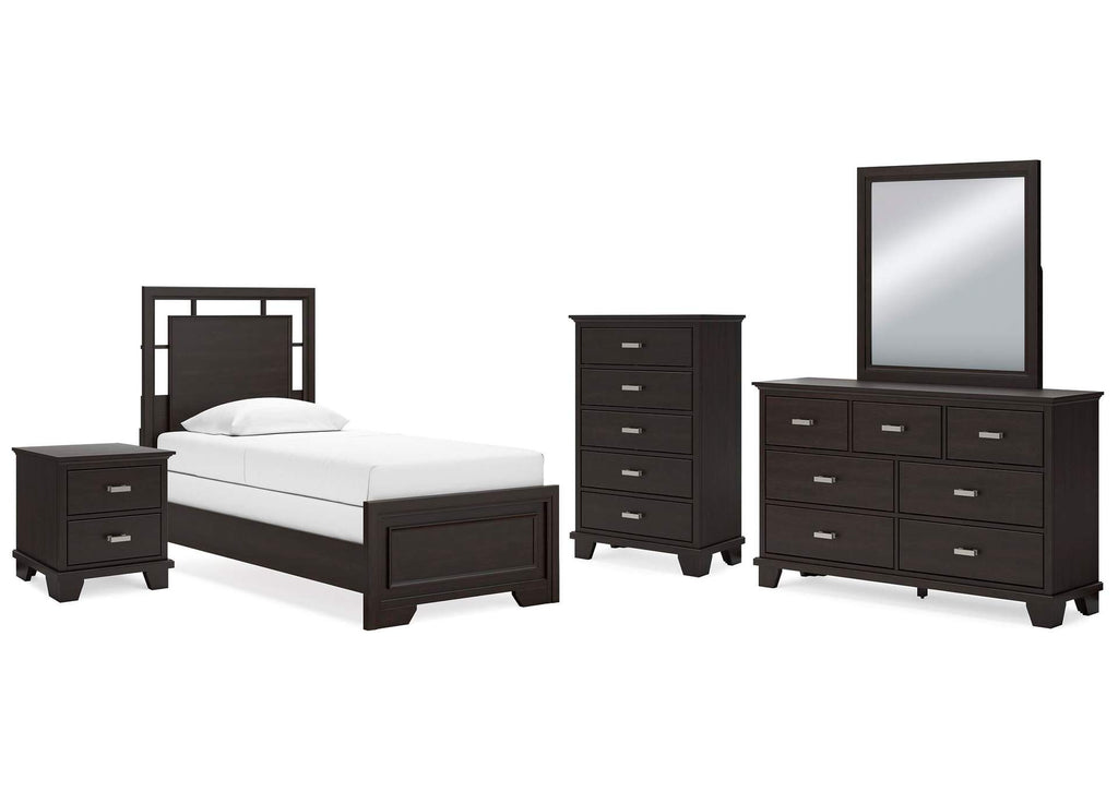 Covetown Twin Panel Bed with Mirrored Dresser, Chest and Nightstand