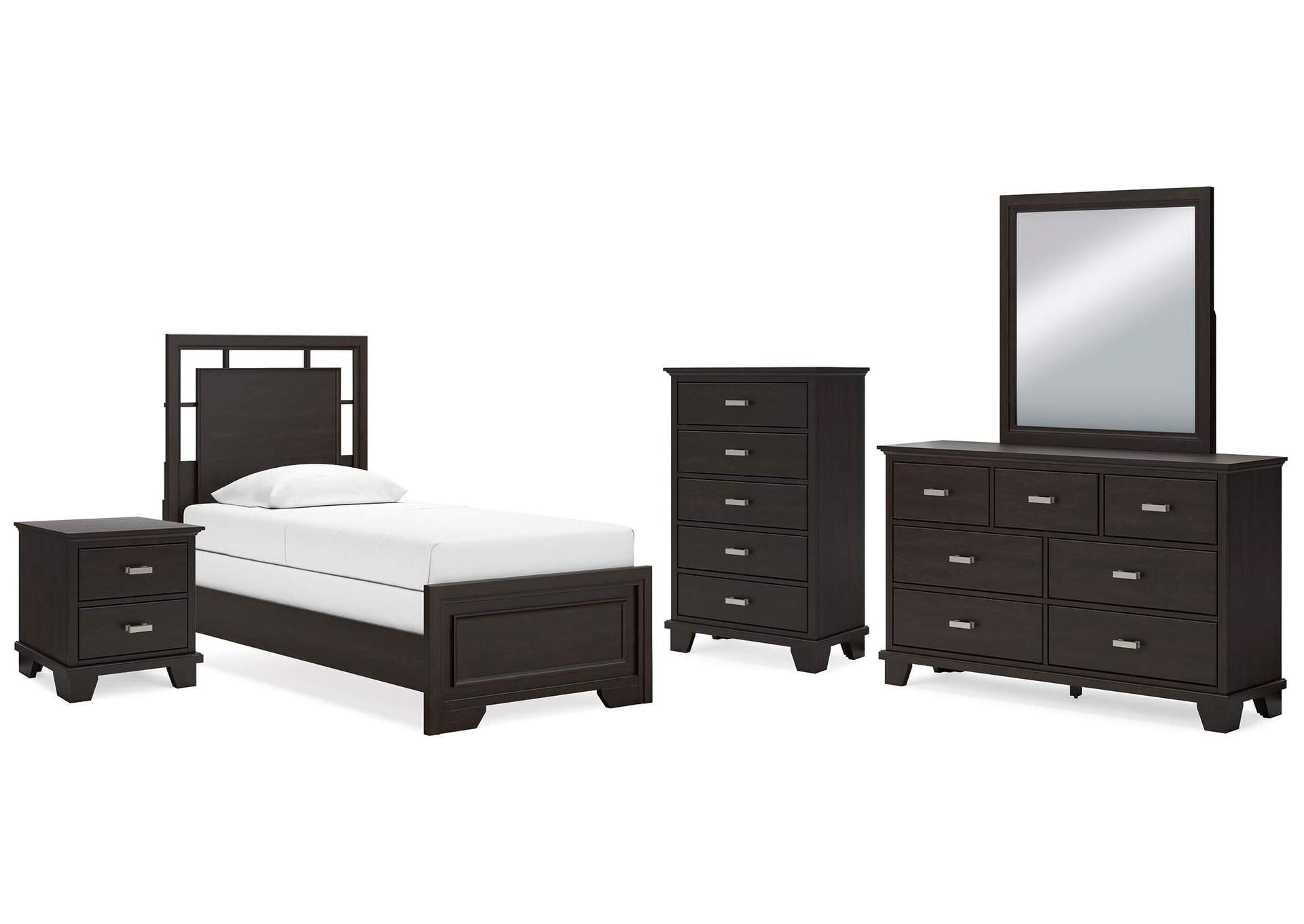 Covetown Twin Panel Bed with Mirrored Dresser, Chest and Nightstand