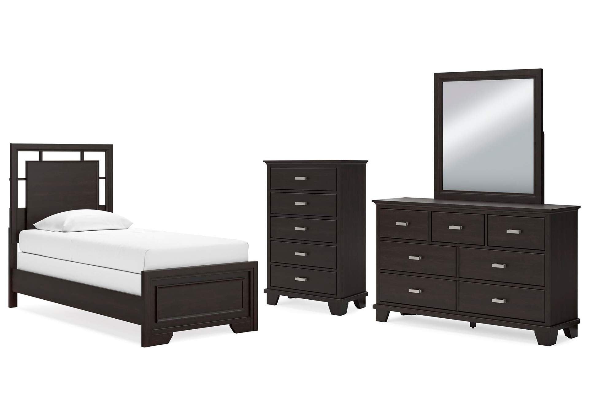 Covetown Twin Panel Bed with Mirrored Dresser and Chest