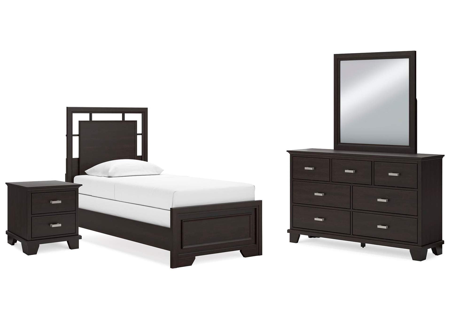 Covetown Twin Panel Bed with Mirrored Dresser and Nightstand