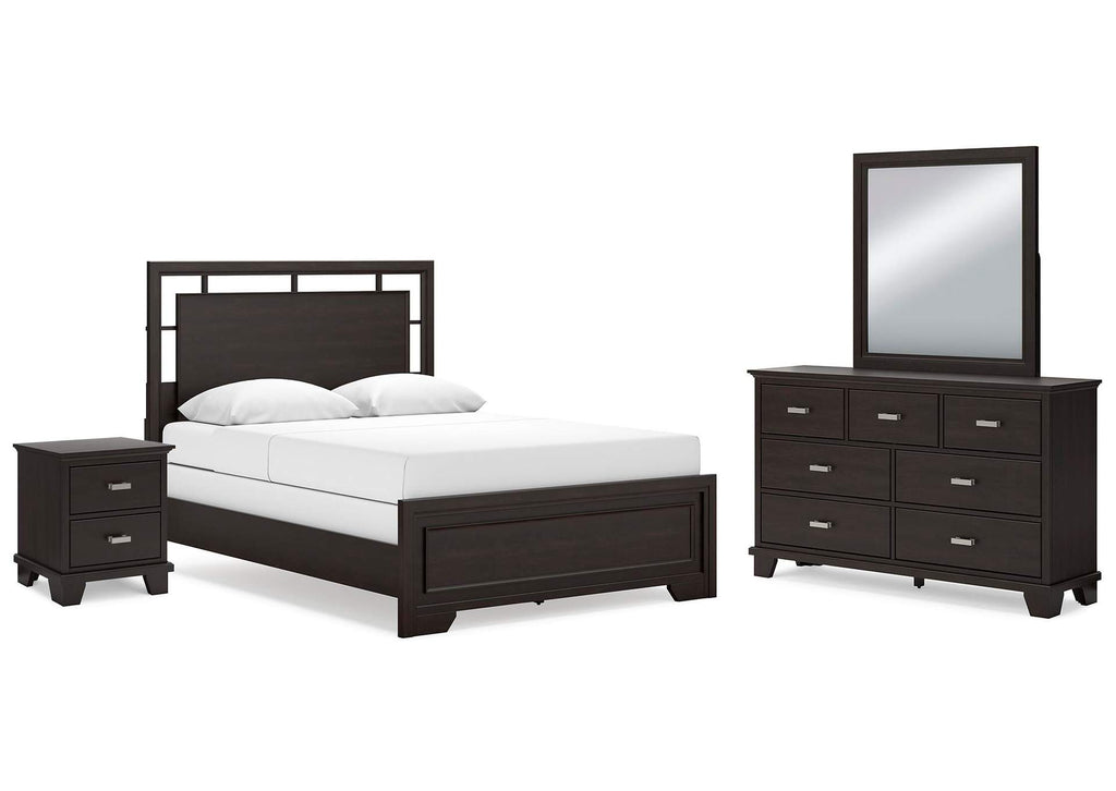 Covetown Queen Panel Bed with Mirrored Dresser and Nightstand