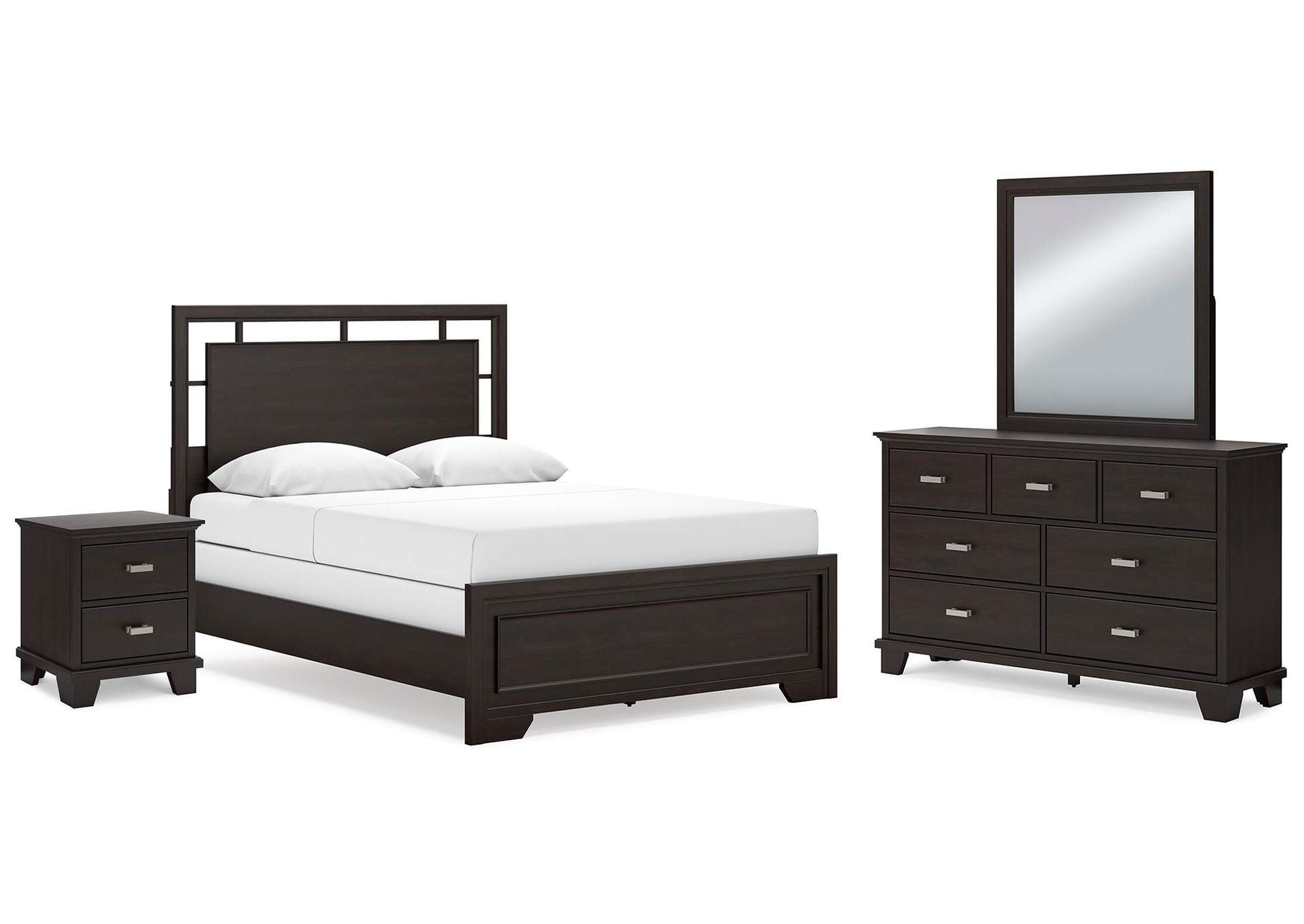 Covetown Queen Panel Bed with Mirrored Dresser and Nightstand