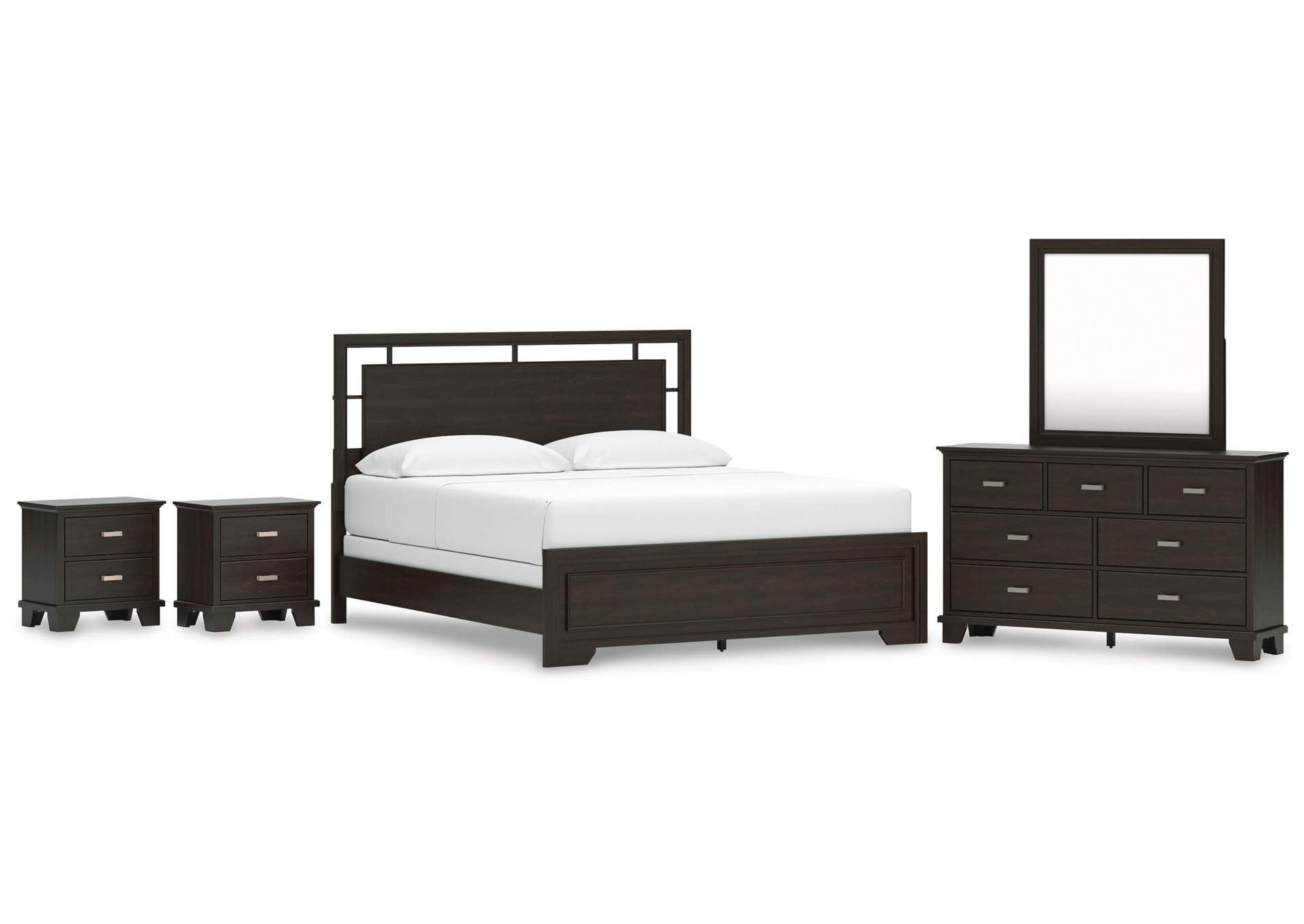 Covetown California King Panel Bed, Dresser, Mirror and 2 Nightstands
