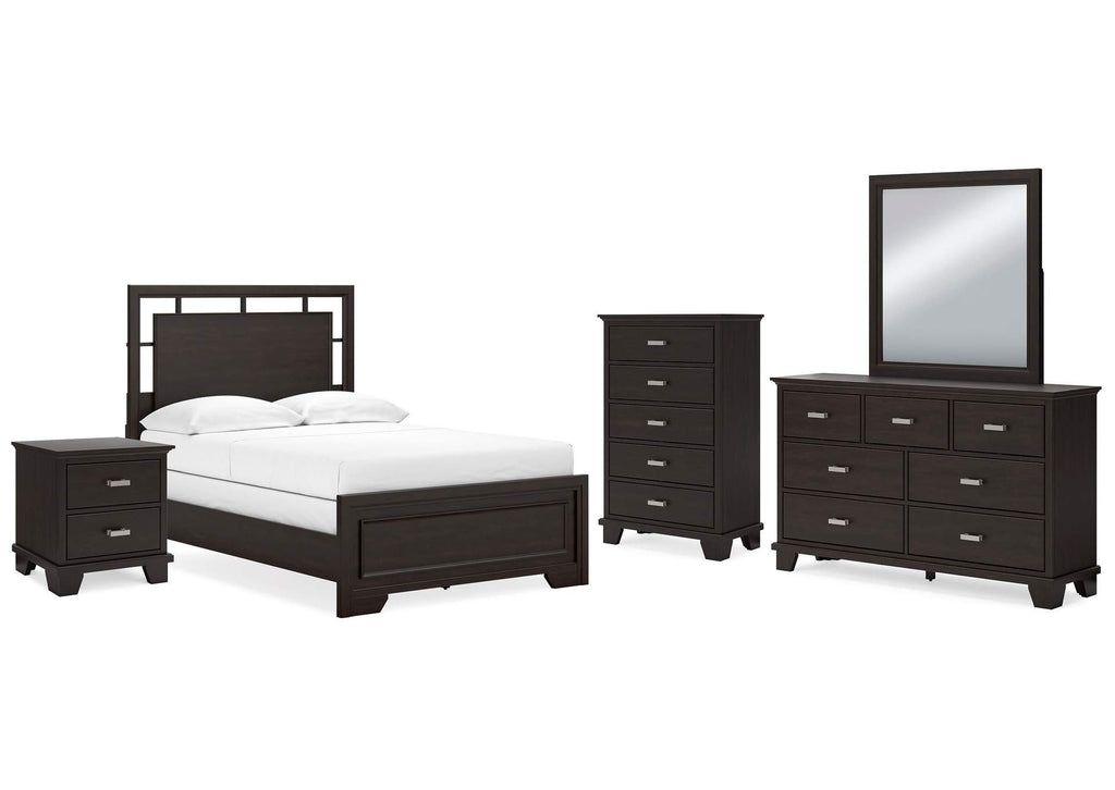 Covetown Full Panel Bed with Mirrored Dresser, Chest and Nightstand